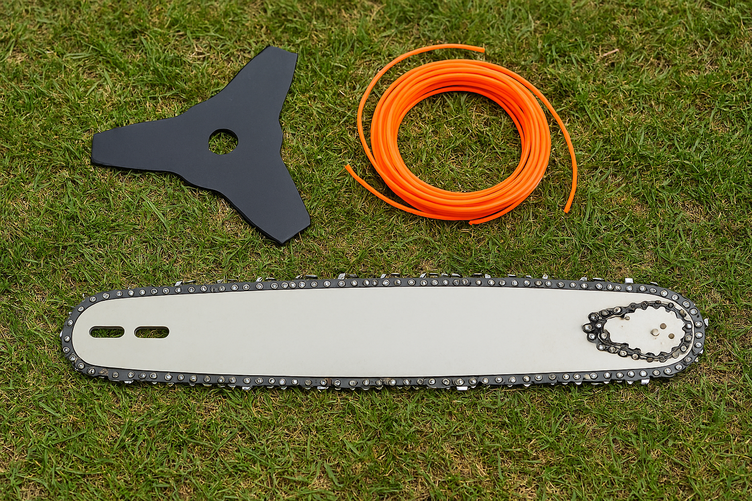Lawn care tools: blade, orange string trimmer line, and a chainsaw bar and chain laid on green grass.