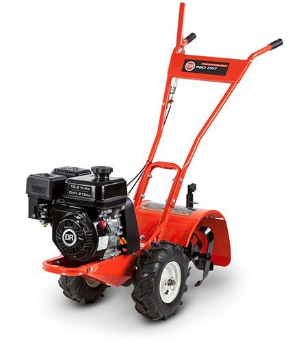 Red Troy-Bilt garden tiller with a black engine and white wheels.