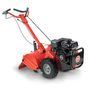 Red and black walk-behind garden tiller with two wheels, handle and engine.