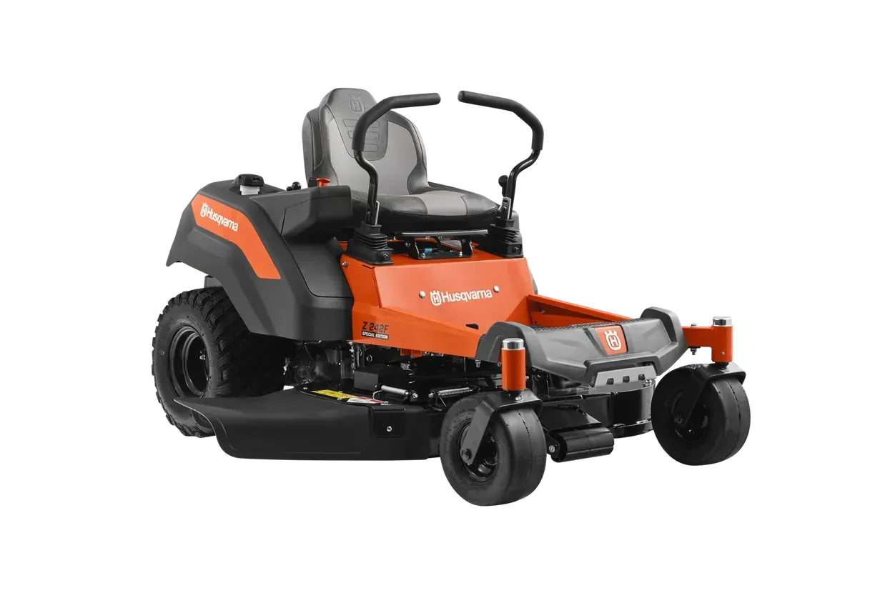 Orange and black Husqvarna zero-turn riding lawn mower on a white background.