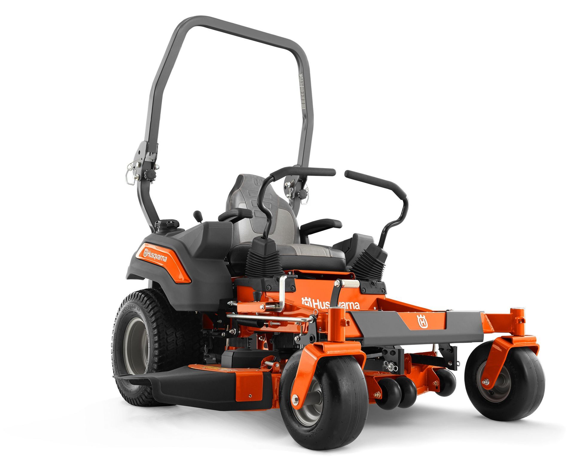Orange zero-turn riding lawn mower with black accents, front view, on white background.