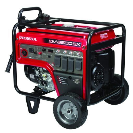 Red Honda EM6500SX portable generator with black frame, wheels, and control panel.