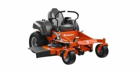 Orange and black Husqvarna zero-turn riding lawn mower on a white background.