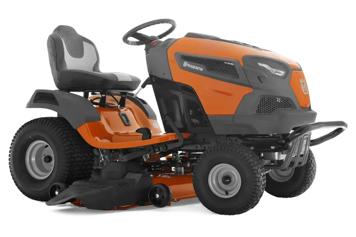 Orange and gray Husqvarna riding lawn mower on a white background.