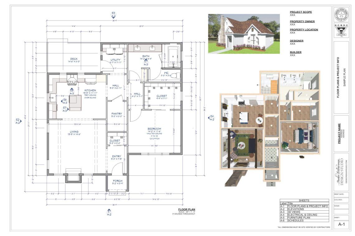 Floor plan and exterior rendering of a two-story house with dimensions, and material list.
