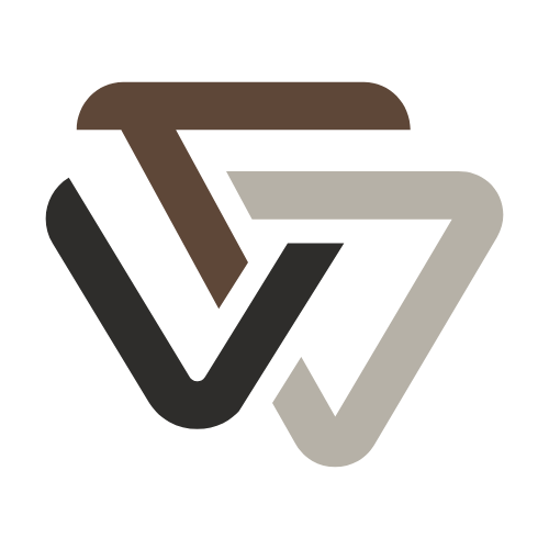 Three interlocking triangles, in brown, black, and gray.