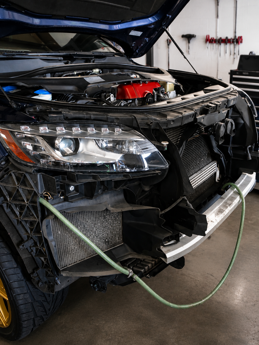 Black sports coupe on a red car lift inside an auto shop garage | Retana's Auto Repair LLC