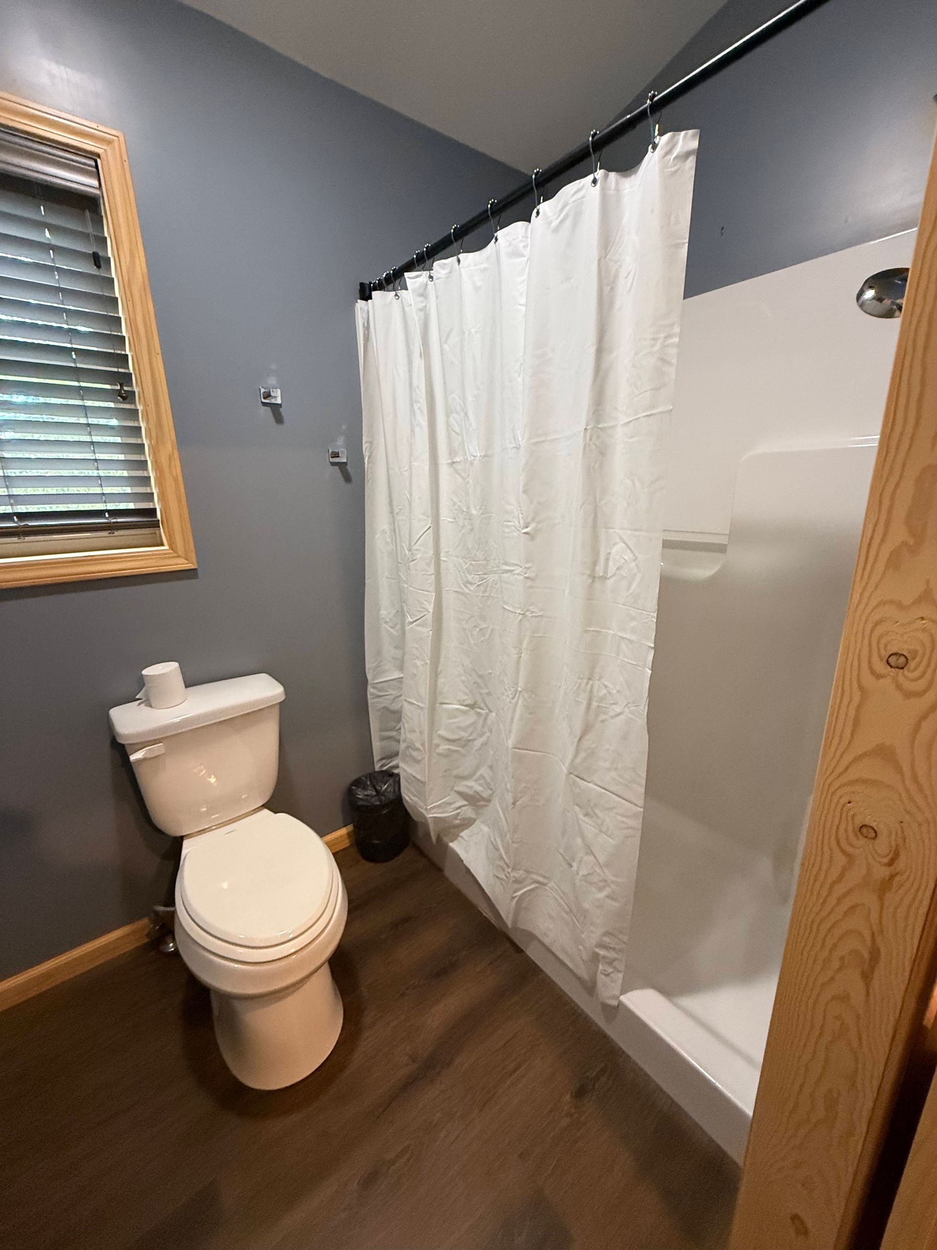 A bathroom with a toilet , shower and window.
