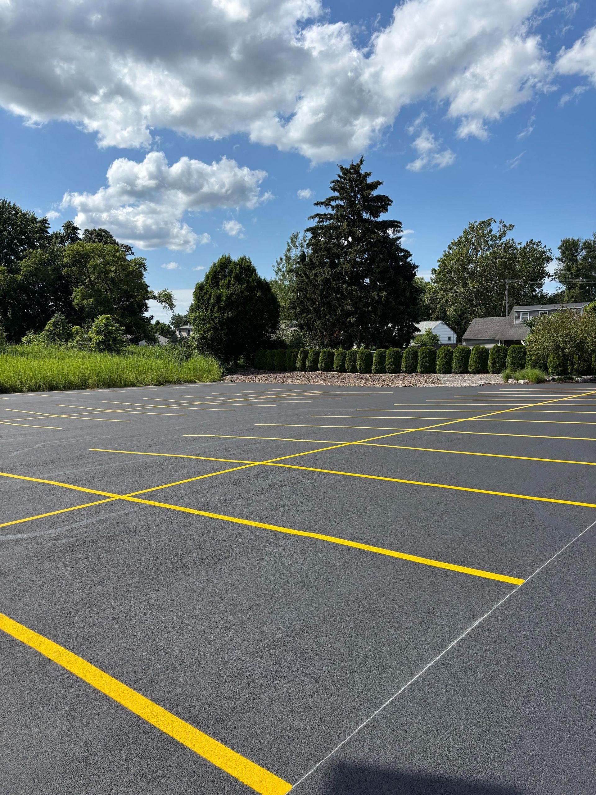 A parking lot with yellow lines and trees in the background