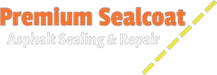 Premium Sealcoat logo with orange text and a yellow dashed line. Text reads "Asphalt Sealing & Repair".