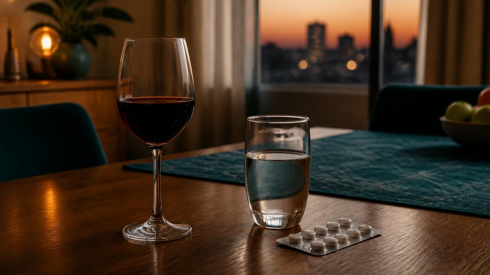 Taça de vinho sobre a mesa ao lado de uma cartela de comprimidos, representando a combinação