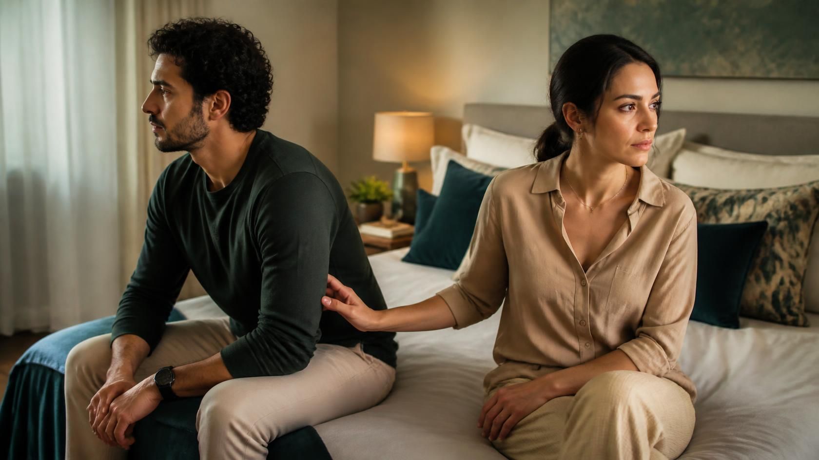 Casal sentado na cama de costas um para o outro, representando a queda da libido durante tratamento