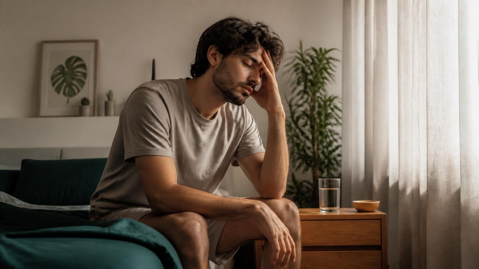Pessoa sentada na cama pela manhã com a mão na testa, representando efeitos colaterais no início do