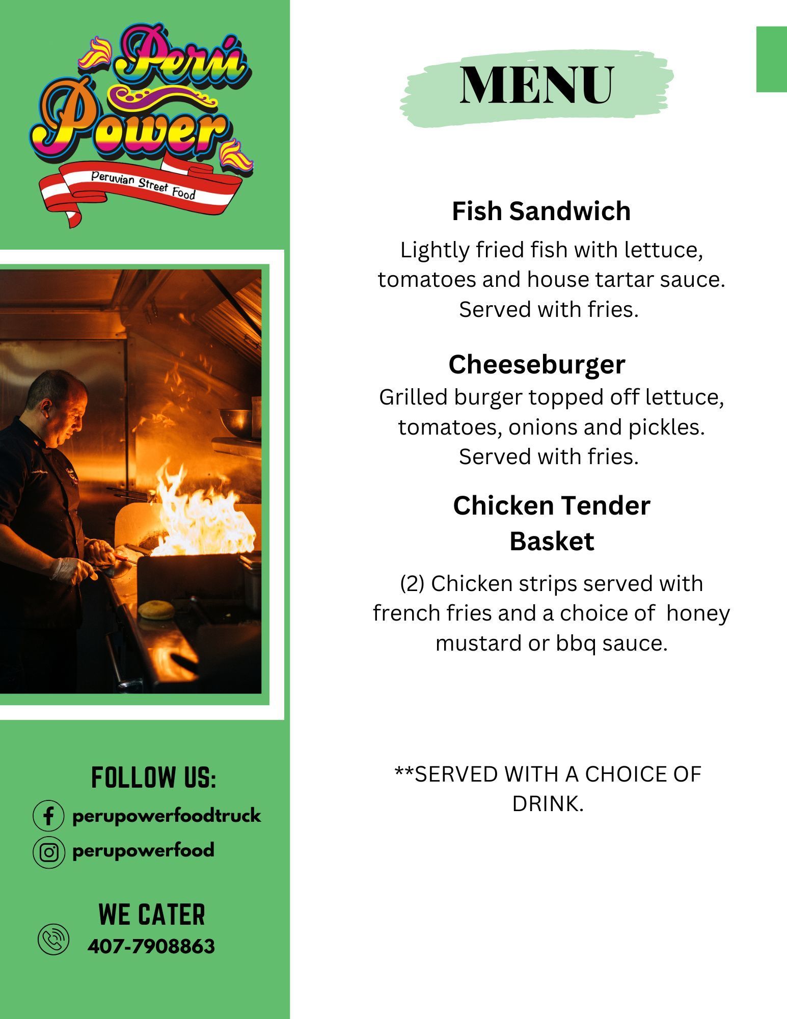 A menu for a restaurant with a picture of a chef preparing food.