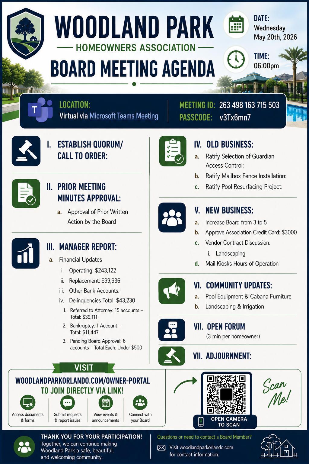 Woodland Park board meeting agenda flyer with icons, schedule details, and QR code in blue and green