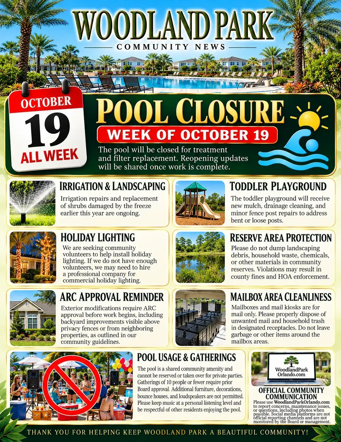 Woodland Park pool closure notice for week of October 19, with community center activities listed.