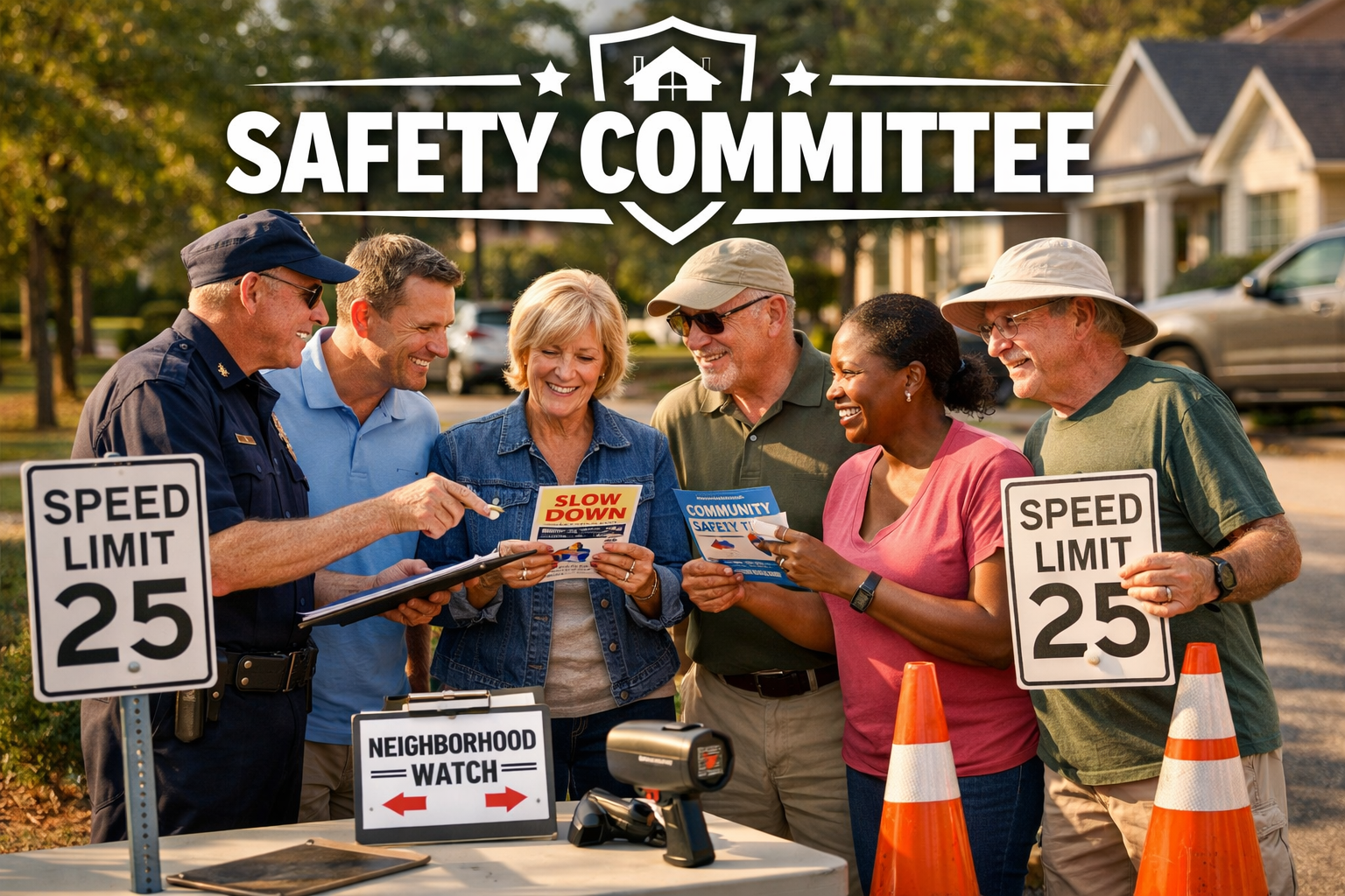 A diverse group of people gathers at a residential street, holding speed limit signs and documents for a safety committee