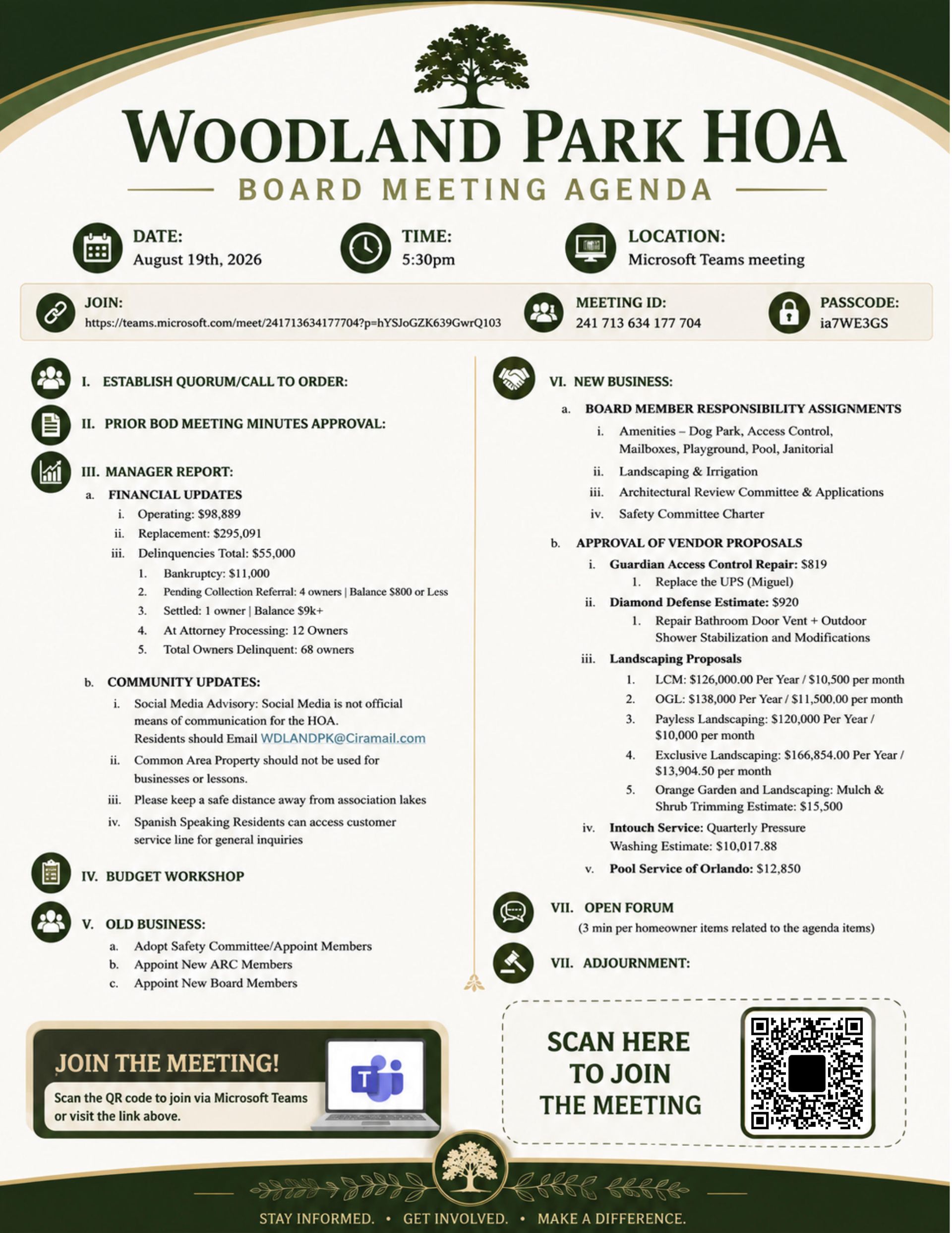 Woodland Park HOA board meeting agenda flyer with schedule, bullet points, and QR code.