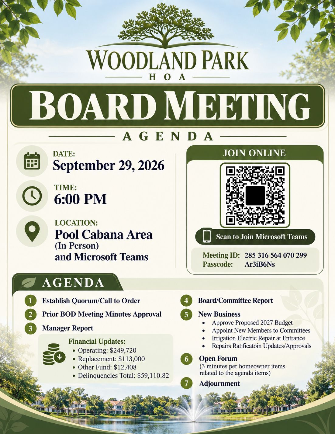 Woodland Park board meeting flyer with date, time, location, agenda, and QR code in green and white.