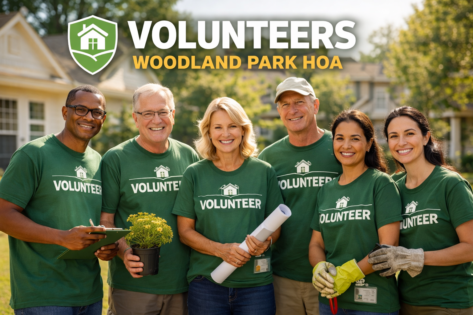 A group of six smiling volunteers in matching green shirts standing outdoors with tools, plants, and plans for the HOA.