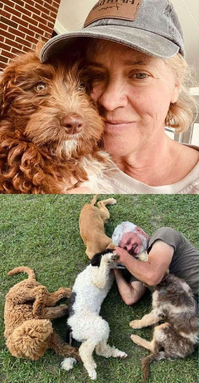 A woman is holding a dog and a man is petting a dog.