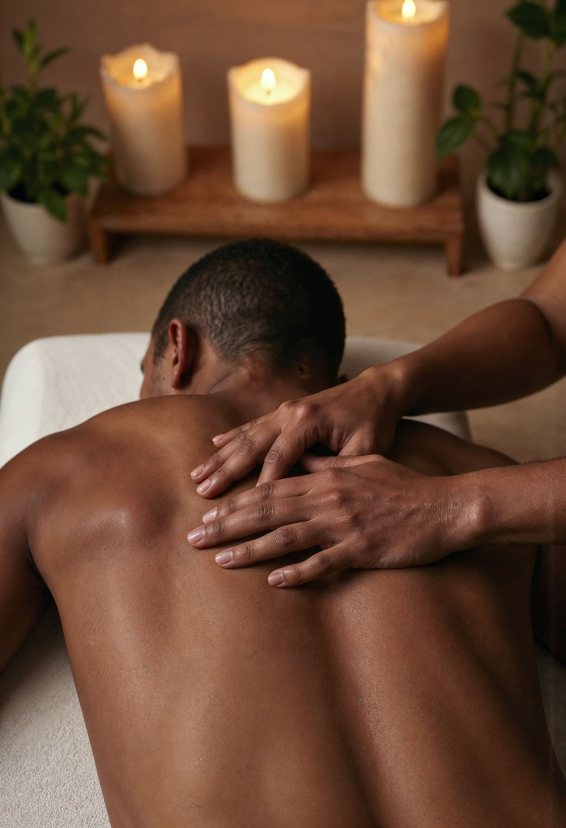 Person receiving a back massage; dimly lit room with candles.