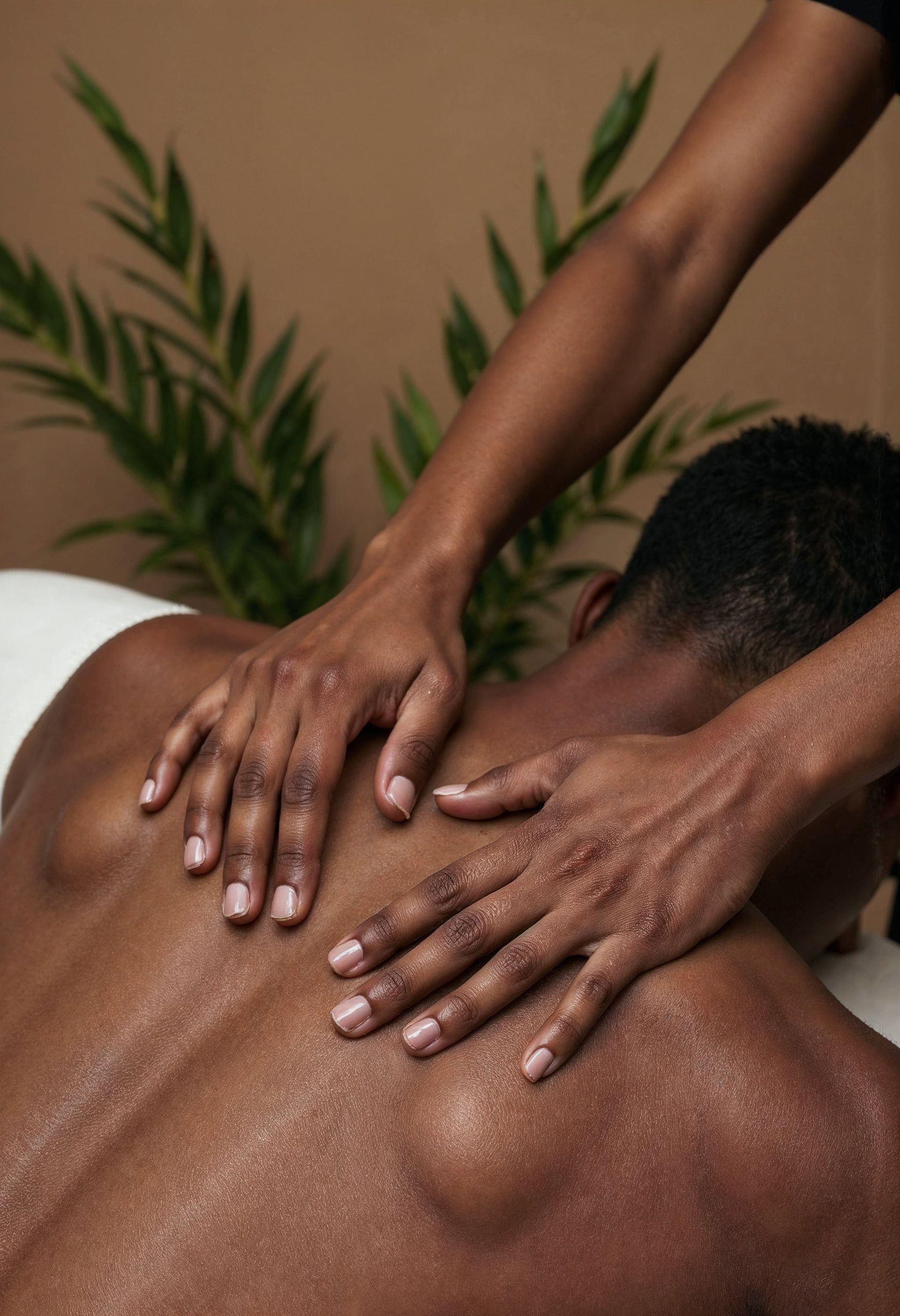 A man is getting a massage on his back at a spa.