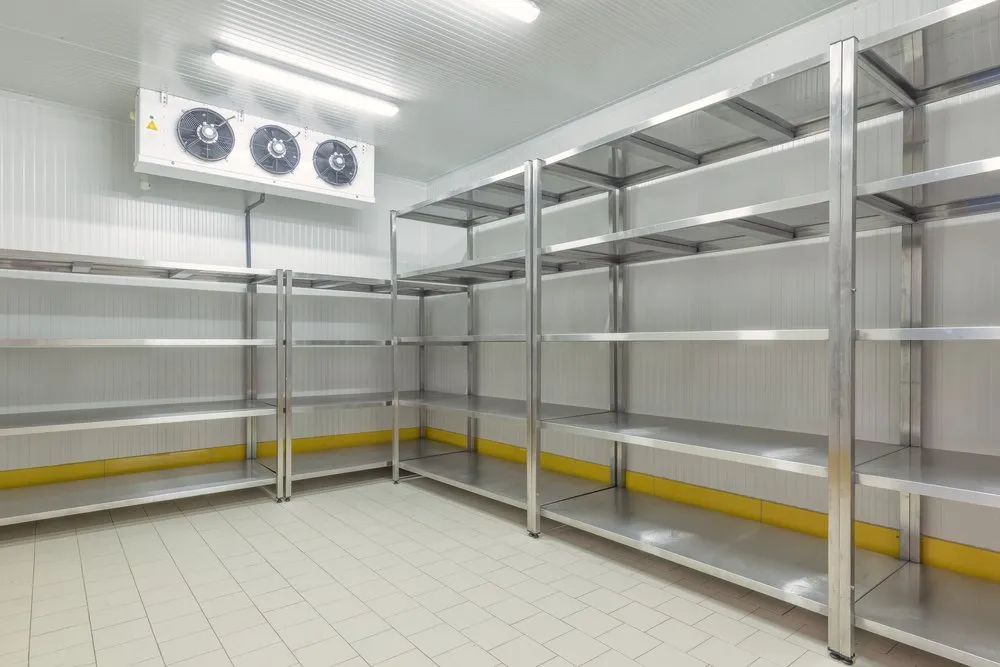Empty Stainless Steel Shelving in A Refrigerated Room — Level Electrical & Air In Taminda, NSW