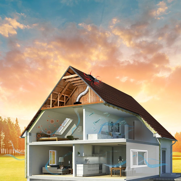 Cutaway house showing interior rooms and roof insulation at sunset