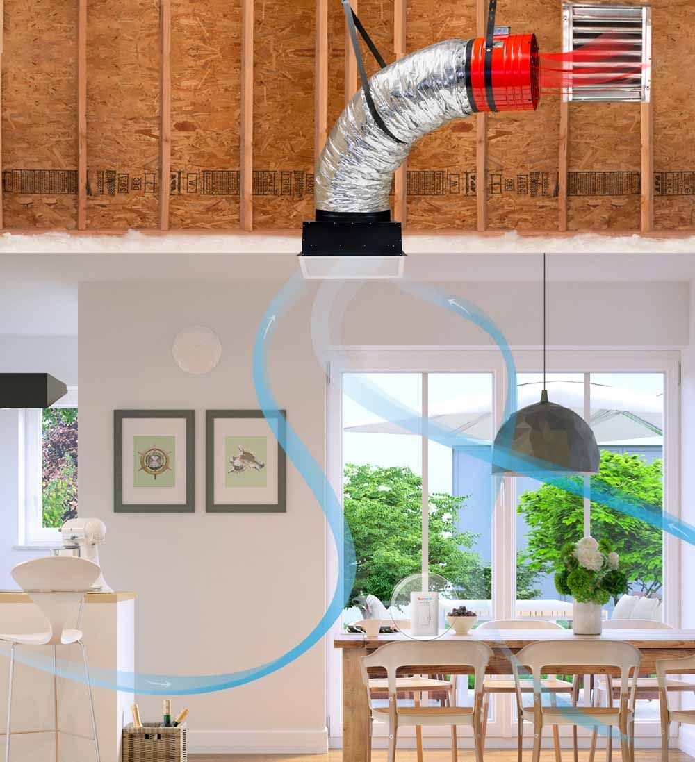 Blue ducting under a ceiling connects to a red vent in a bright dining room.