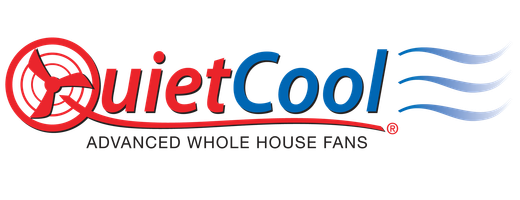 QuietCool logo with red and blue text and wavy blue lines, “Advanced Whole House Fans” tagline