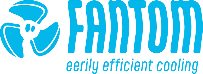 Fantom logo in blue with stylized fan icon and “eerily efficient cooling” tagline