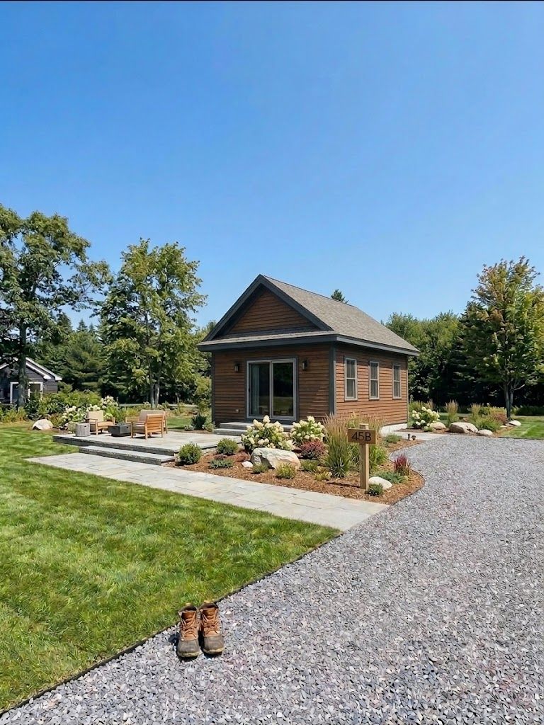 Small brick garden shed with flower beds and gravel path under a clear blue sky