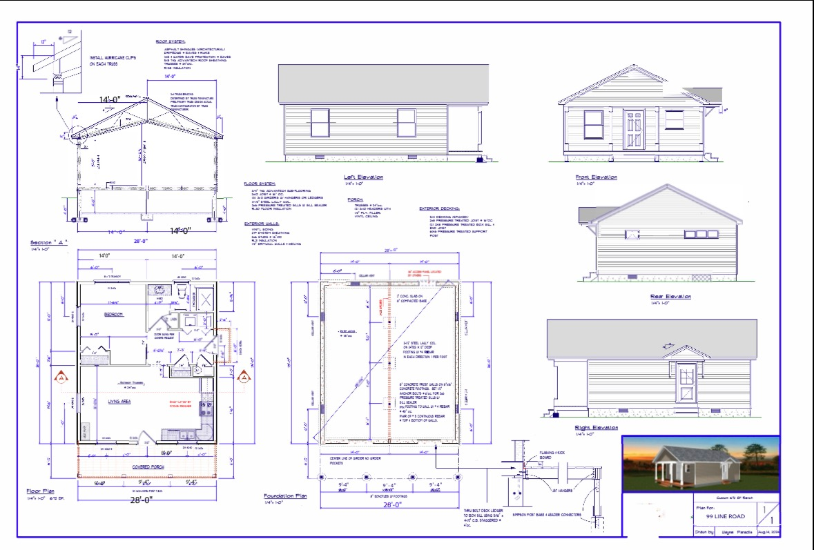 Architectural blueprint sheet with multiple house elevations, floor plans, and technical measurements