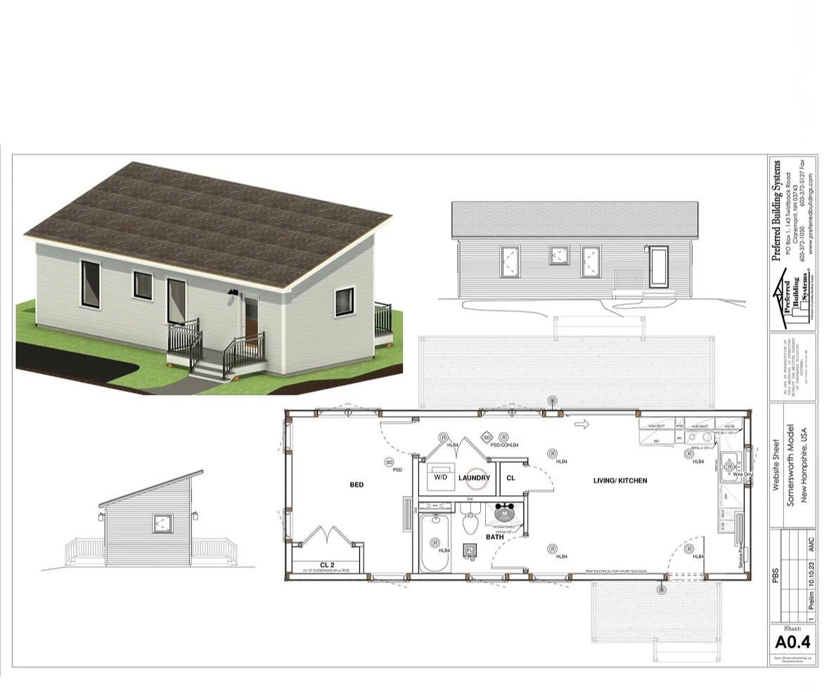 House design blueprint with 3D exterior rendering and floor plan drawings