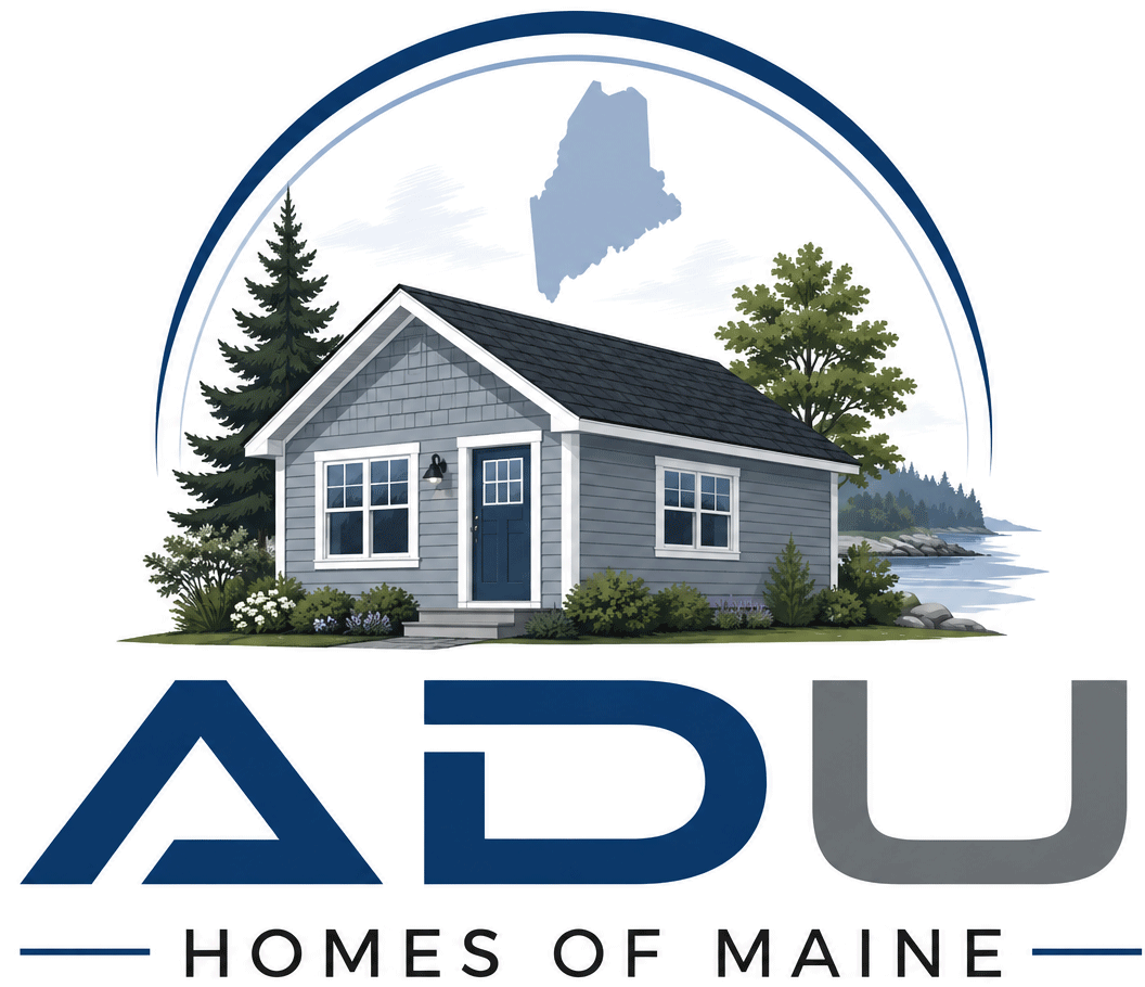 ADU Homes of Maine logo with a blue-gray cottage, pine trees, and Maine silhouette