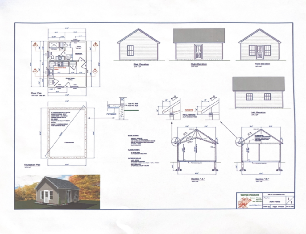Architectural blueprint sheet with house floor plan, elevations, and a small color rendering of the home