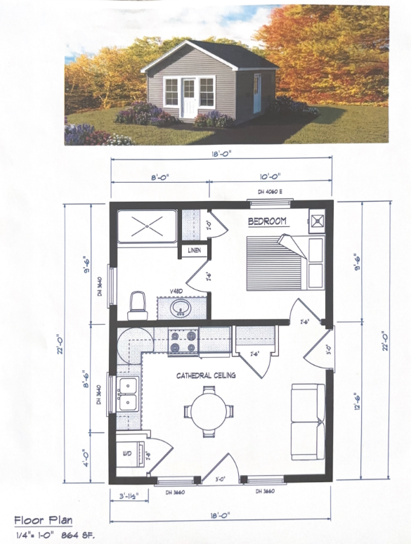 Small house exterior above a black-and-white floor plan with labeled rooms and measurements