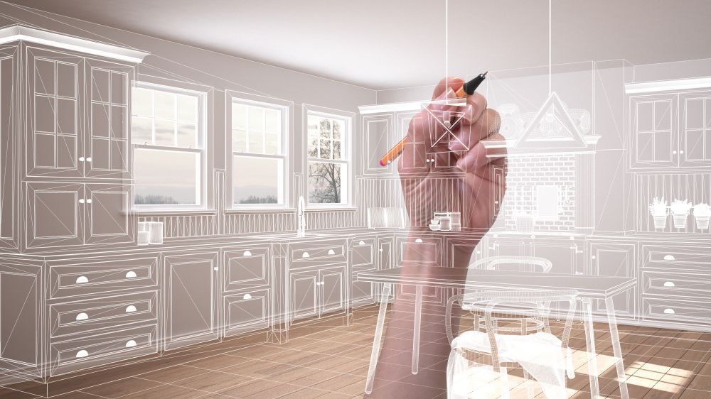 Person standing in a bright kitchen, touching a holographic smart-home interface over the counter