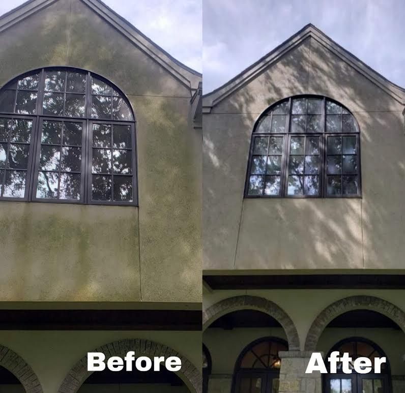 Split view of a building exterior before and after moss removal, showing cleaner walls and windows.