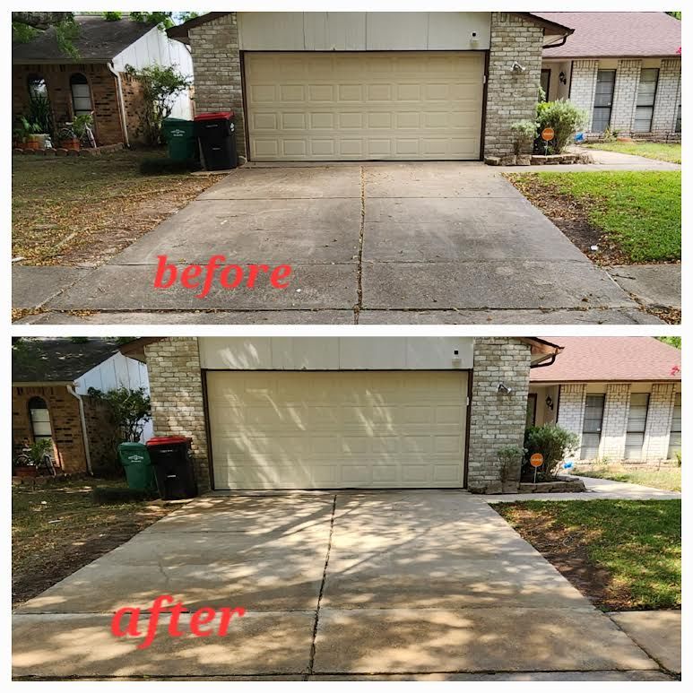 Before-and-after driveway cleaning: stained concrete becomes bright and clean.