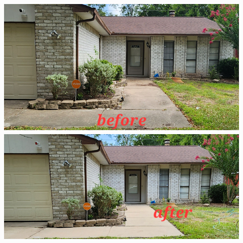 Before-and-after view of a house front walkway, showing a cleaner concrete path and trimmed landscaping.
