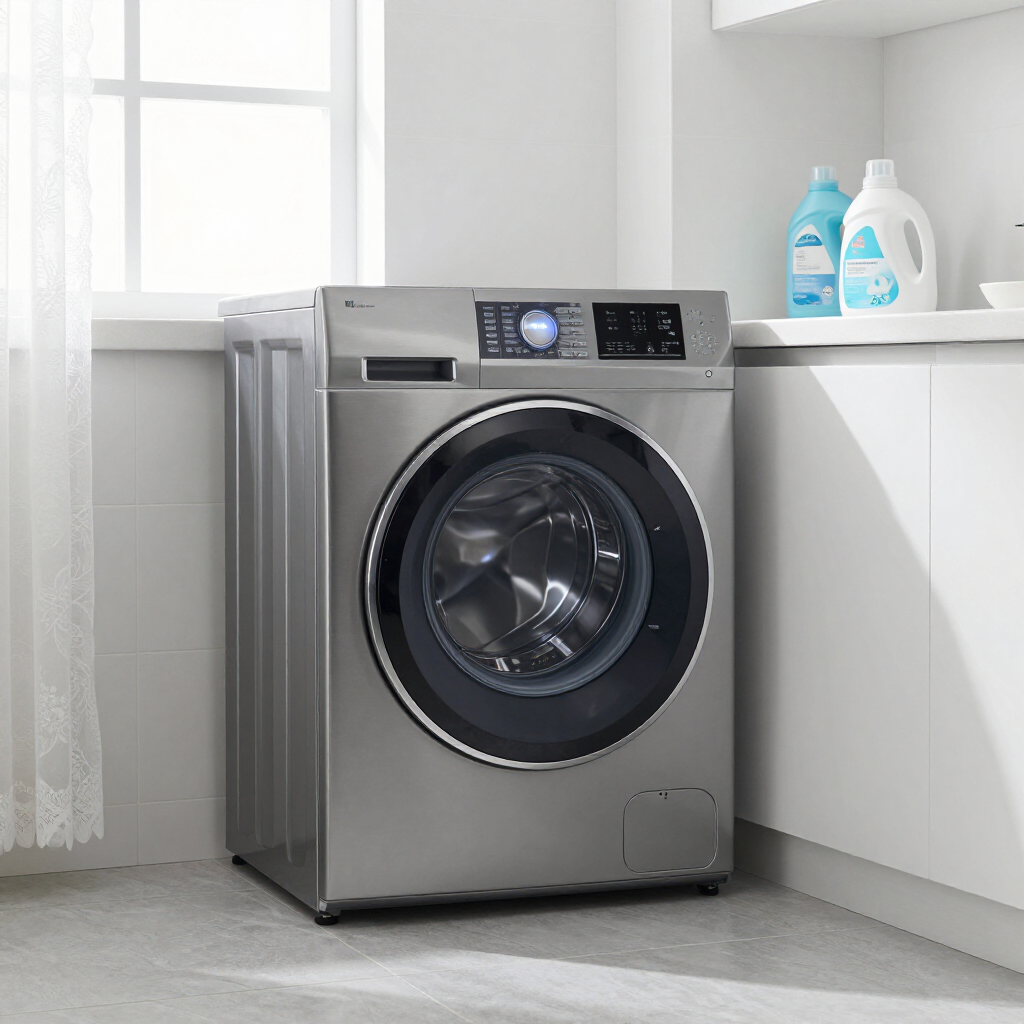 A modern, stainless steel front-load washing machine sits in a clean, brightly lit laundry room next to detergent bottles.