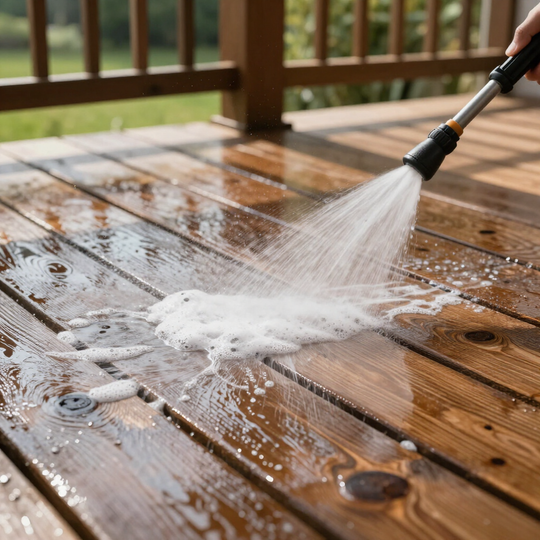 A person uses a pressure washer to clean a wooden deck, spraying soapy water onto the wet planks.