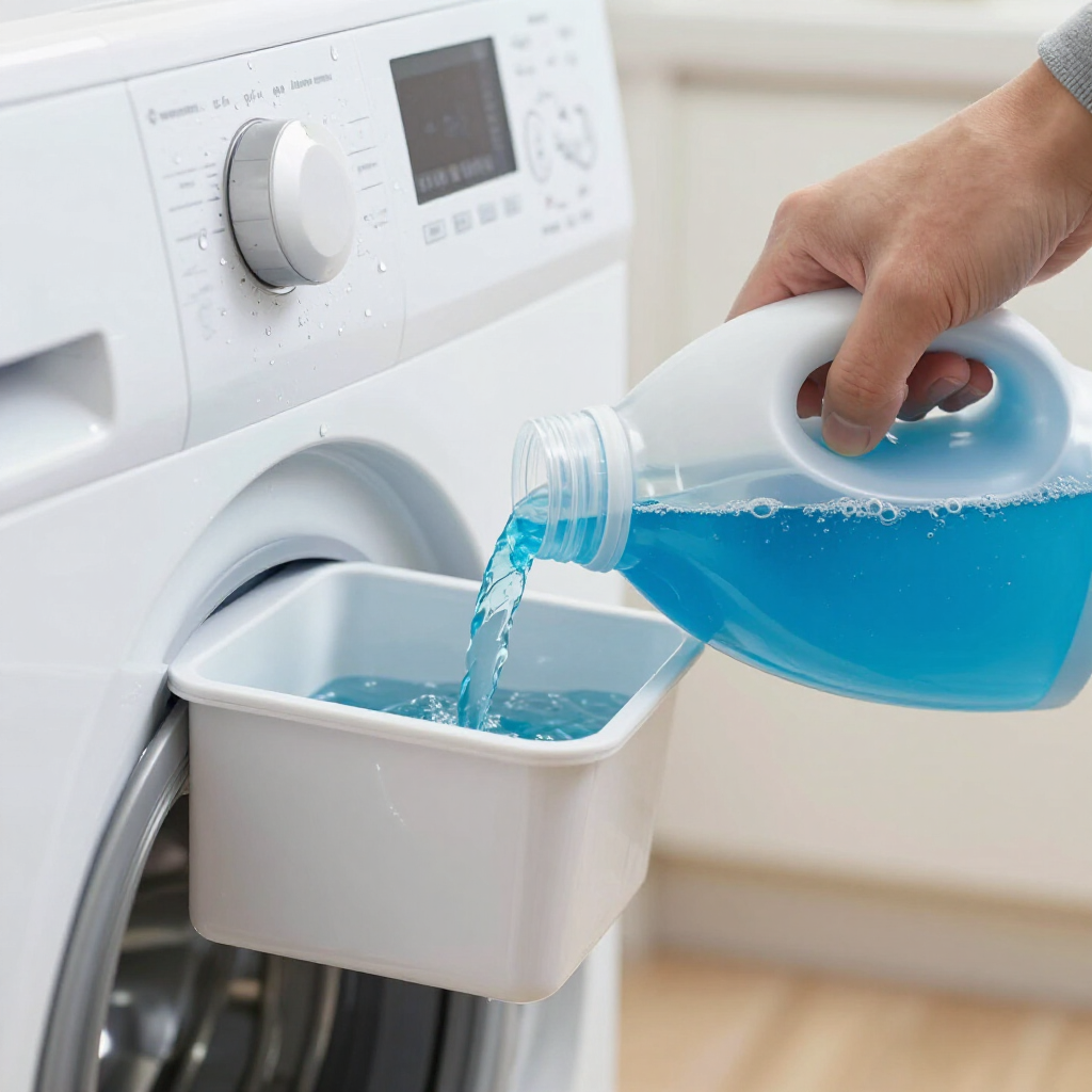 A hand pours blue liquid laundry detergent from a translucent plastic jug into a white container attached to a washer.