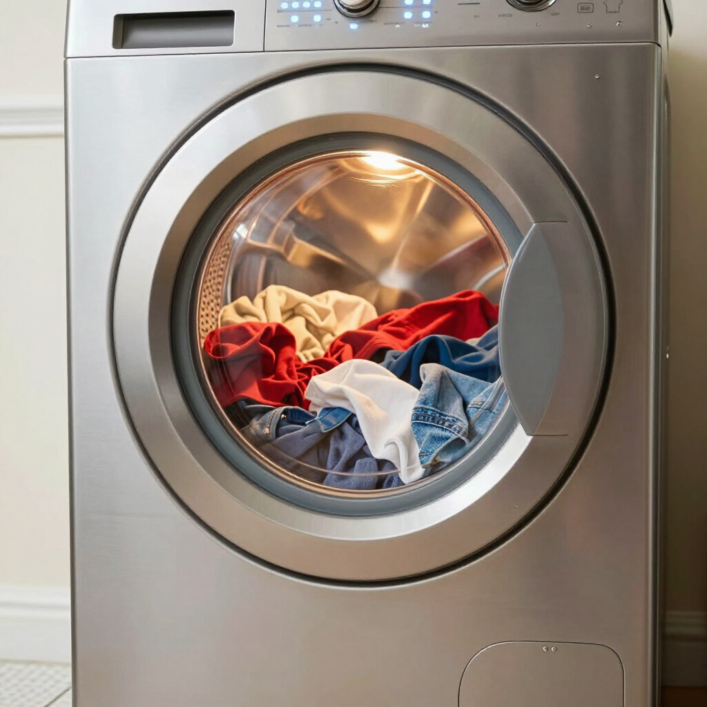 A stainless steel front-load washing machine containing a mix of colorful clothing, illuminated from inside the drum.