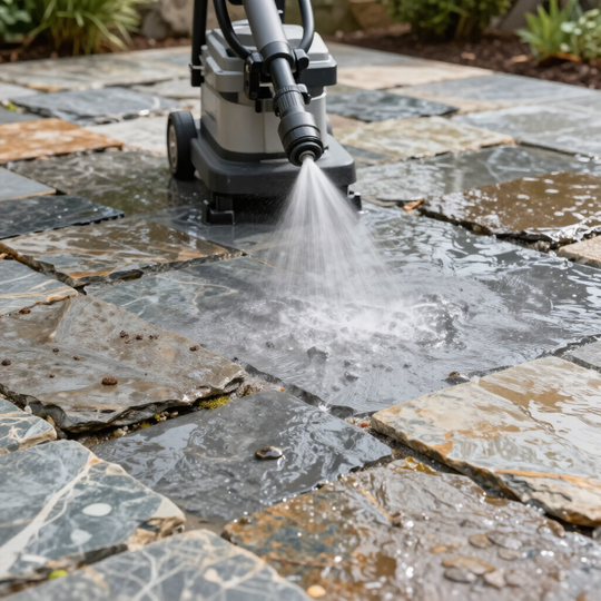 A pressure washer sprays water onto dark, textured stone pavers on an outdoor patio.