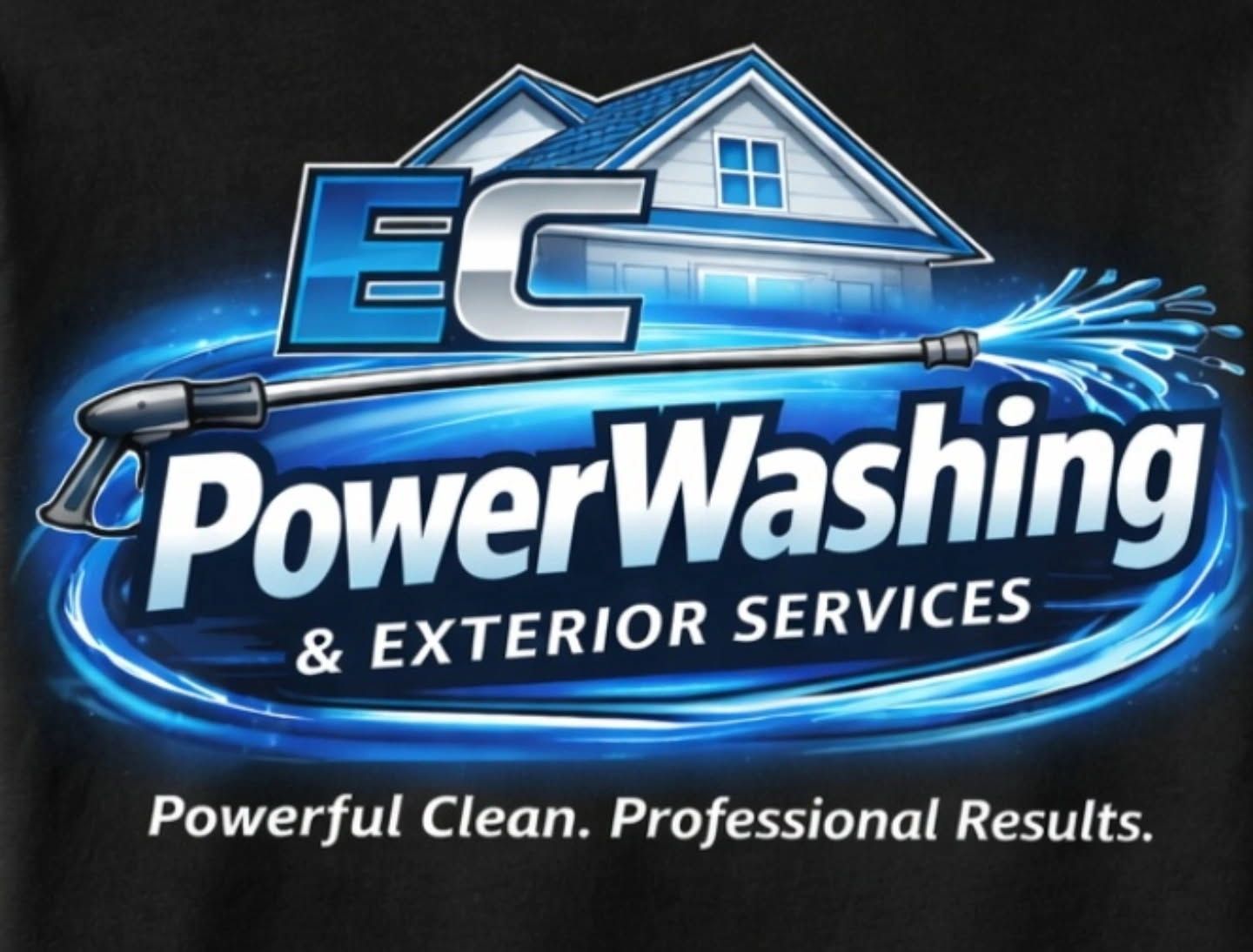 Logo for EC Power Washing & Exterior Services featuring a house silhouette, pine tree, and power washer spray in blue.