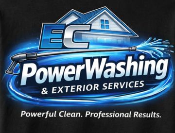 Logo for EC Power Washing & Exterior Services featuring a house silhouette, pine tree, and power washer spray in blue.