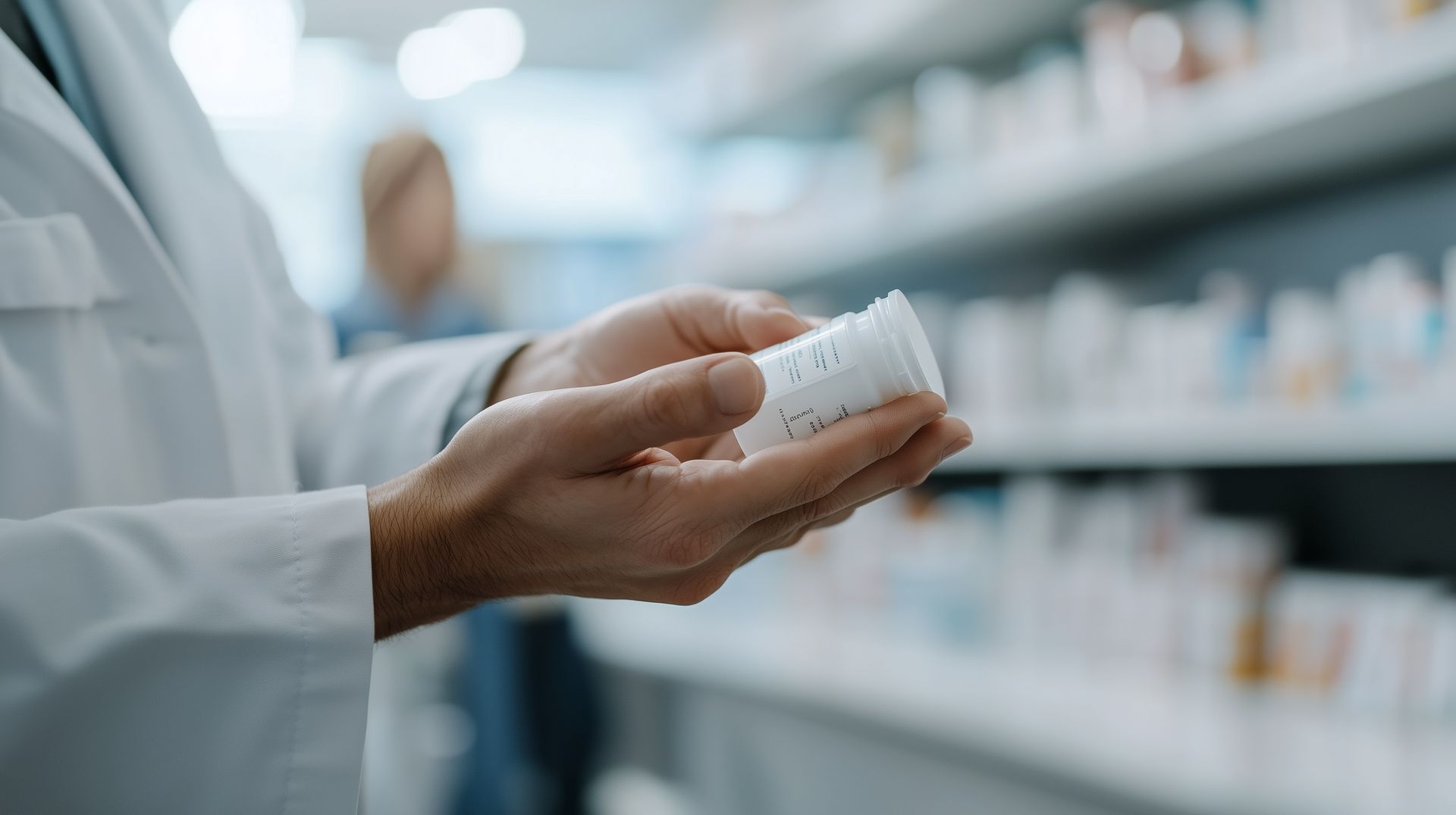 Apotheker hält in einer Apotheke eine verschreibungspflichtige Tablettenflasche.